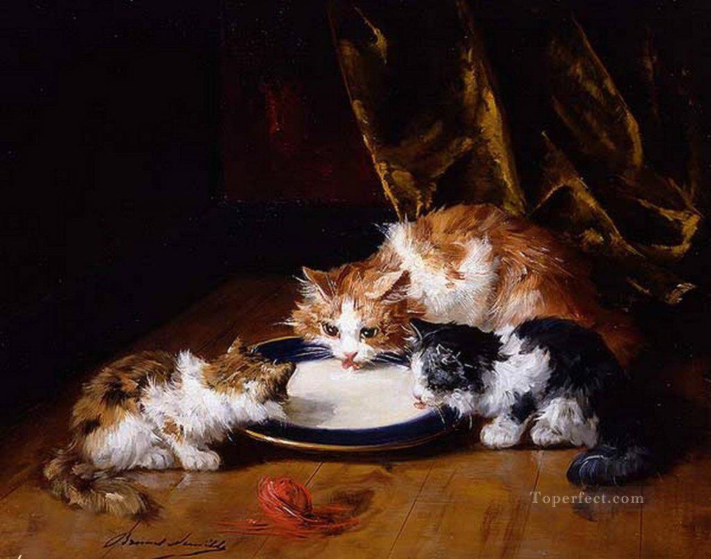 Alfred Brunel de Neuville trois chats suceurs de lait Peintures à l'huile
